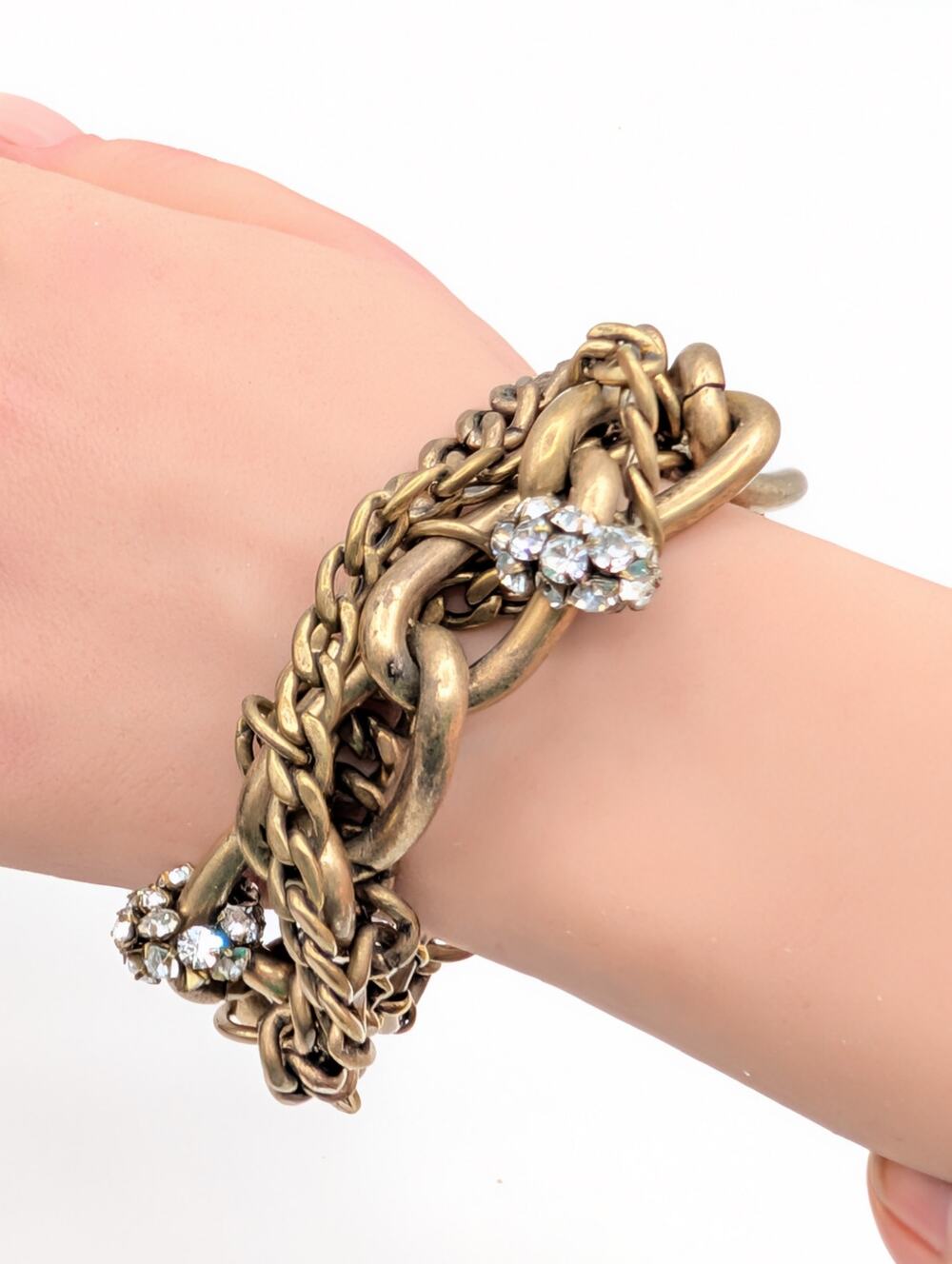 J.Crew Brass Plated Chunky Twisted Chain Link Clear Rhinestone Bracelet